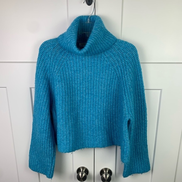 Zara MEDIUM Chunky Knit Sweater Turquoise Blue Cowl Wool - Picture 3 of 8